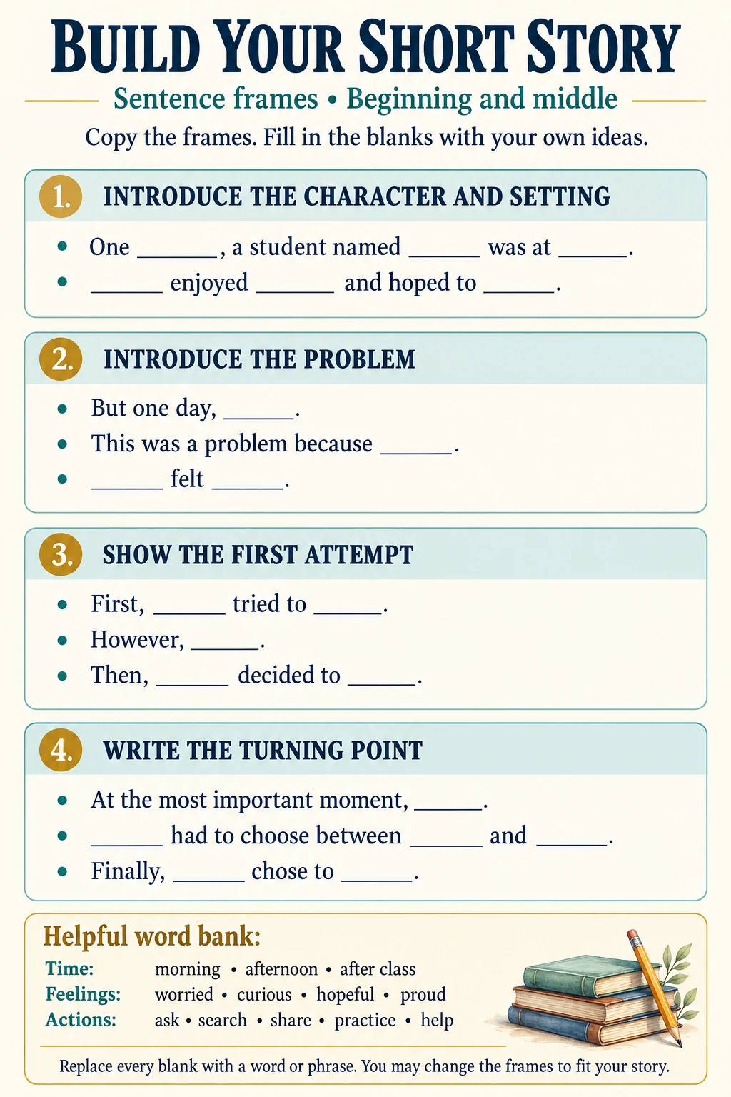 Story frames for introducing a character and setting, a problem, an attempt and a turning point.